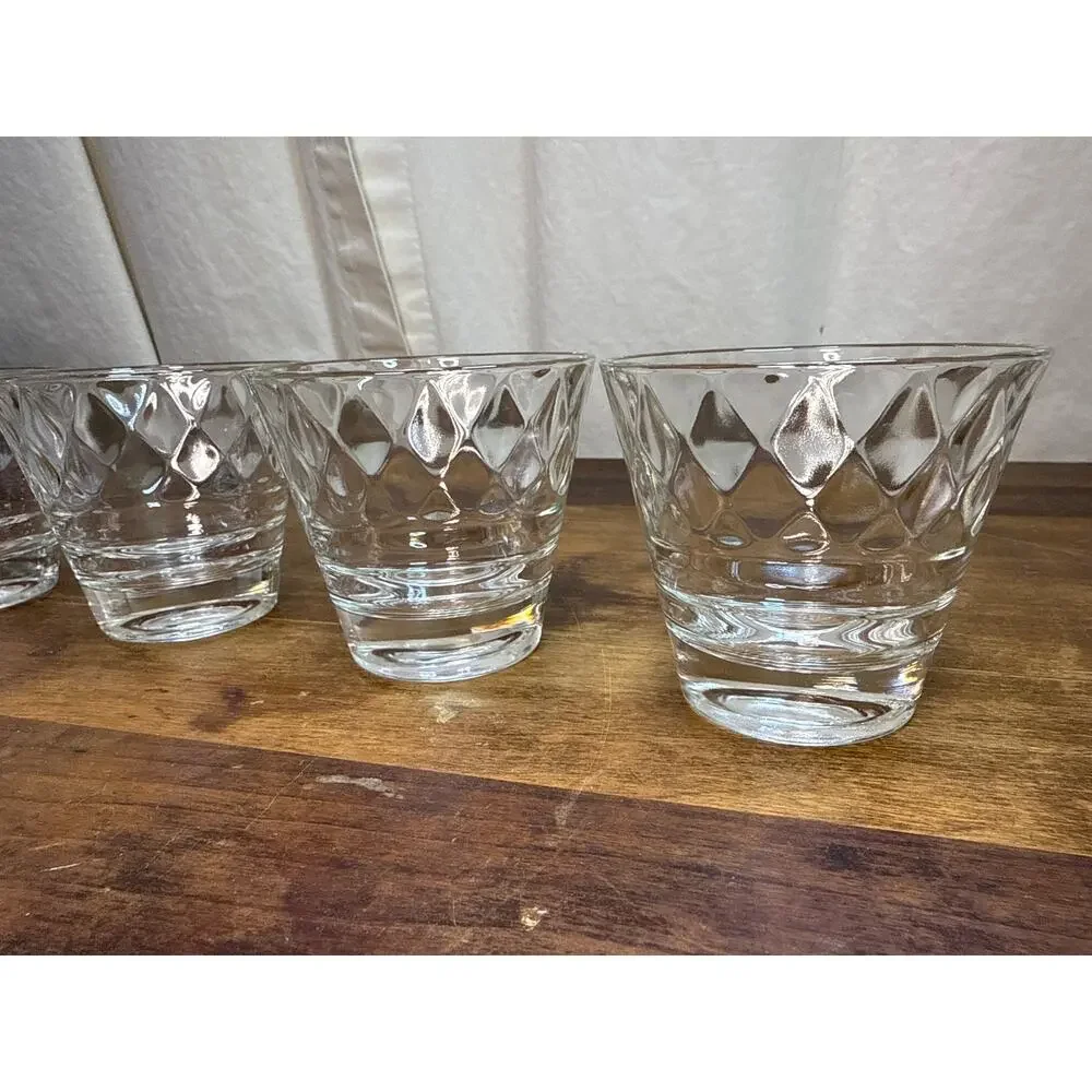 Glass Ice Bucket & 4 Cups Diamond Pattern Vintage Clear Thick Cut MCM Barware